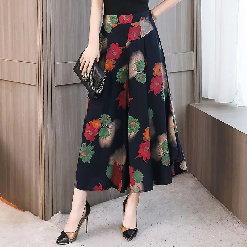 

New 2019 Women Summer Casual Floral Printed Wide Leg Pants Female High Waist Swing Skirt Pant Ladies Plus Size 4XL Trousers X70