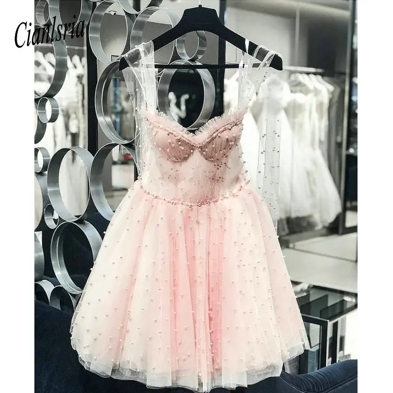 Розовый Бальные платья трапециевидной формы из тюля платье, украшенное бисером кристаллы Вышивка Элегантные коктейльные платья