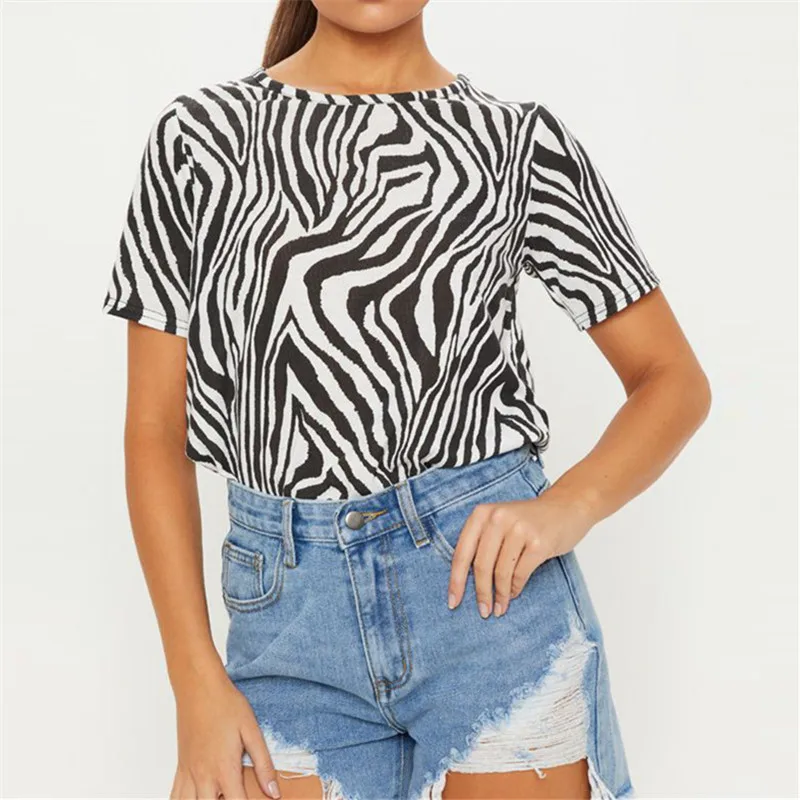 

2019 New Summer Zebra Pattern Print Lady T-shirt Short Sleeve O-neck Summer Fashion Slim T-shirt Women Pullover Tops Tee