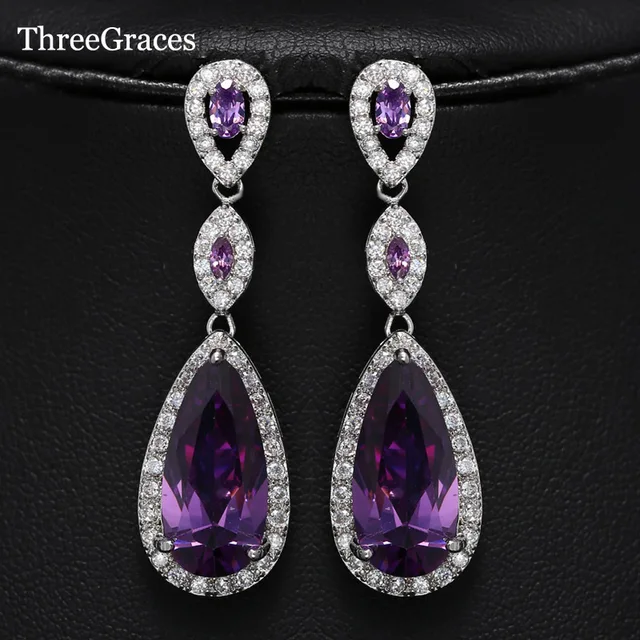 Threegraces White Gold Color Peardrop Long Purple Cubic Zircon Threegraces White Gold Color Peardrop Long Purple Cubic Zircon Stones Drop Earrings For Women Wedding