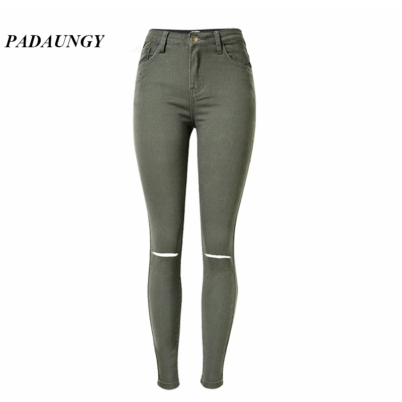 PADAUNGY High Waist Torn Jeans Ripped Jeggings Ankle Holes Army Green