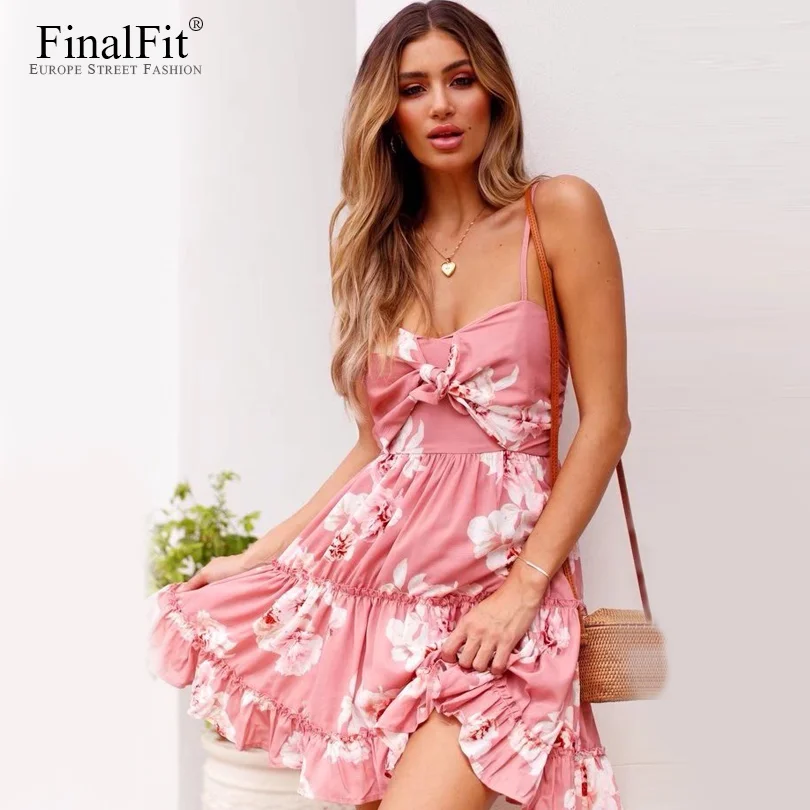 Boho Floral Cami Dress Women Bow Knot Front Bohemian Mini Strap Women