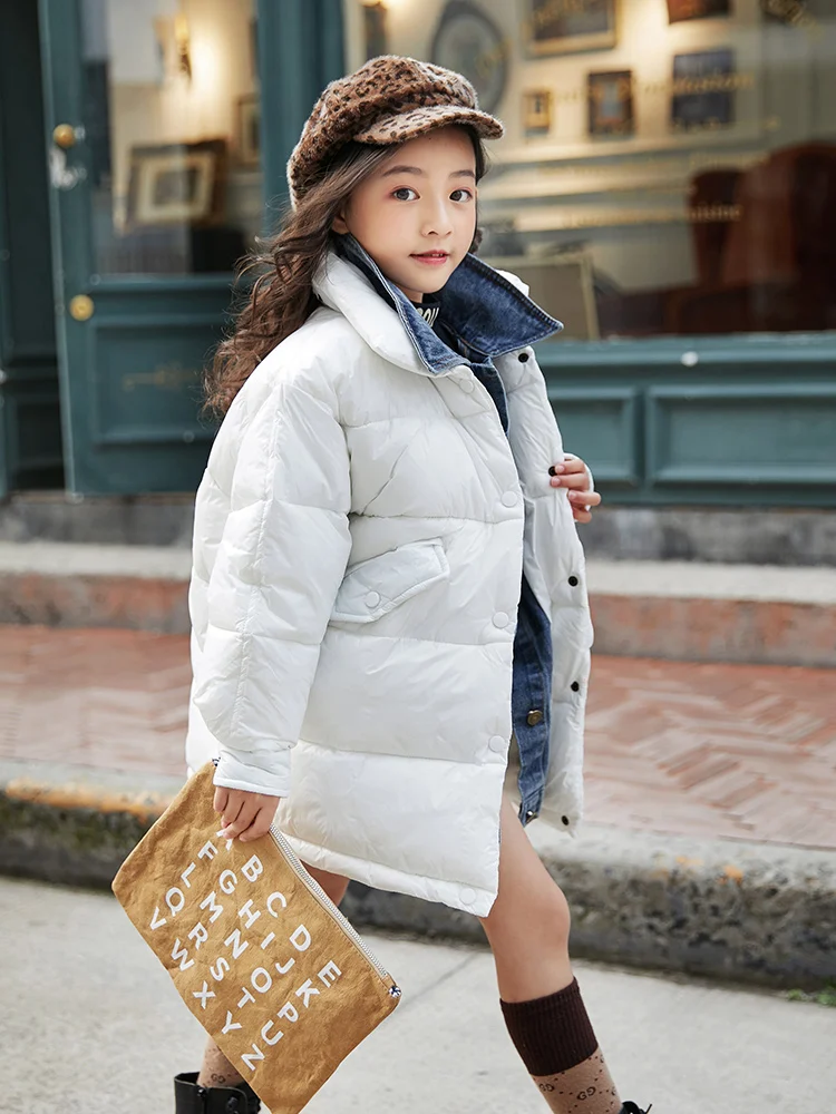 

Girls Winter Down Cotton Jacket New Korean Version Hooded Solid Long Cotton Coat Black White