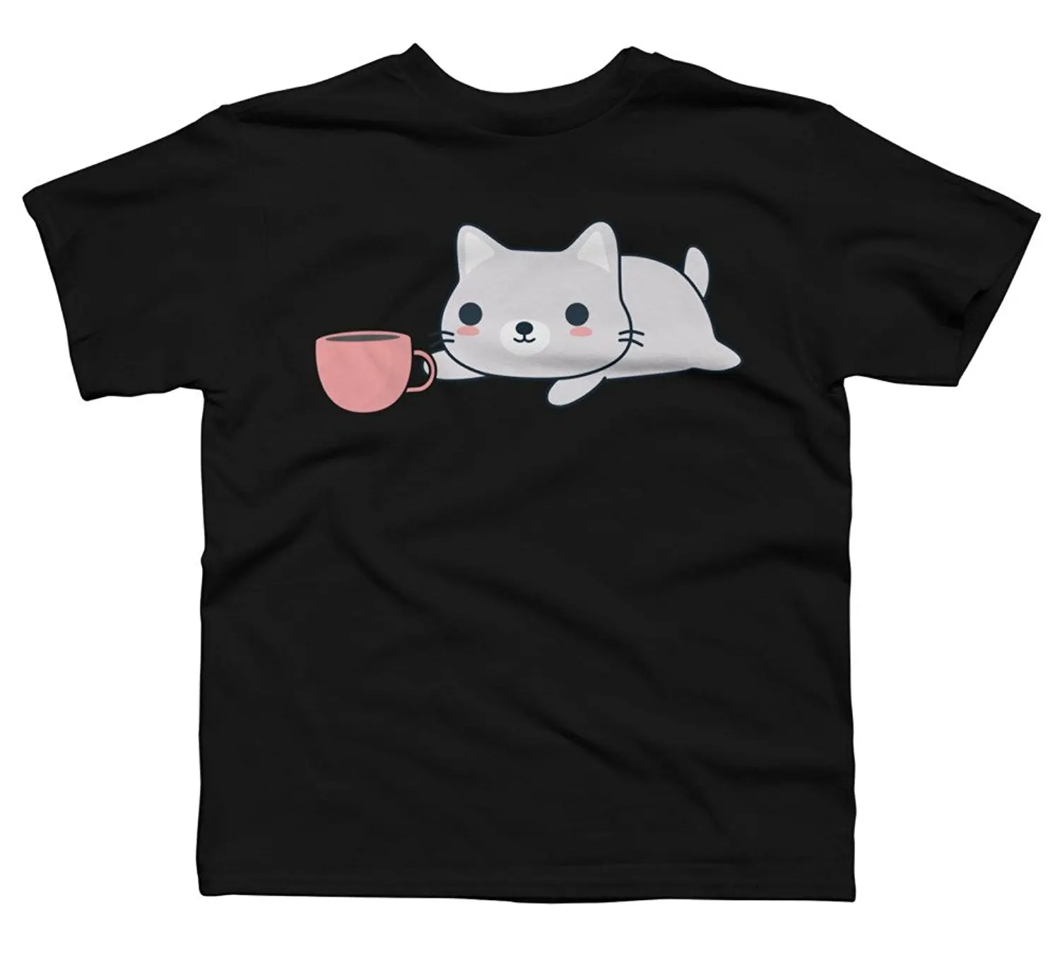 Print Brand Gildan Men'S Short Sleeve Top O Neck Kawaii Coffee Drinking Cat Boy'S Youth Graphic T Shirt Design By Humans | Мужская