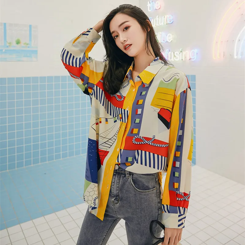  Cheerart Abstraction Print Womens Tops And Blouses Color Block Long Sleeve Shirt Colorful Blouse Sp