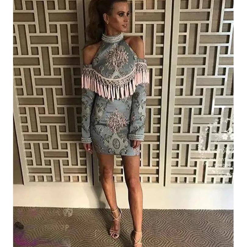 

HIGH QUALITY Newest 2017 Designer Dress Women's Shoulder Exposure Jacquard Tassel Beading Dress