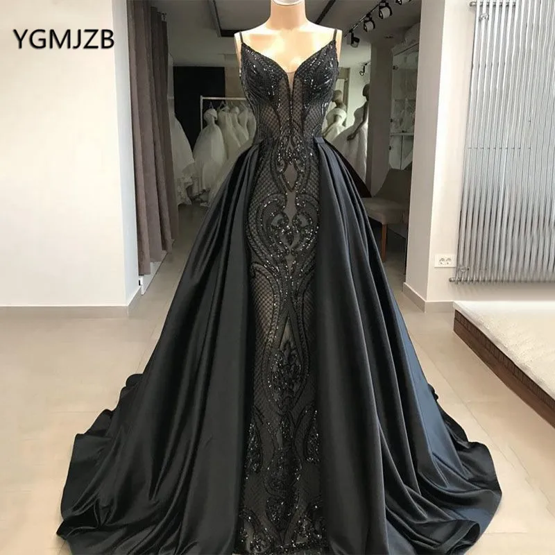 Kaufen Schwarz Abendkleid Lange 2019 Meerjungfrau Pailletten mit Abnehmbaren Rock Elegante Saudi Arabisch Frauen Formale Party Kleid Prom Kleider