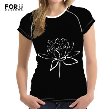 

FORUDESIGNS Lotus Flower Calligraphy Prints Women Summer Clothing Short Sleeves Tshirts S-XXL Brand Design Custom Tops Wholesale