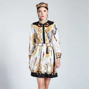 

Quality European Women Indie Folk Skirt Suits Printing Blouse Pleated Skirt Vintage Runway Slim Character Twin Sets with Belt