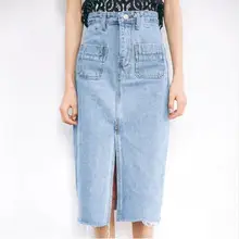 Новинка, Женская Повседневная прямая Джинсовая юбка миди, весна-лето, с карманами, с разрезом, высокая талия, до середины икры, Женская юбка SK8171