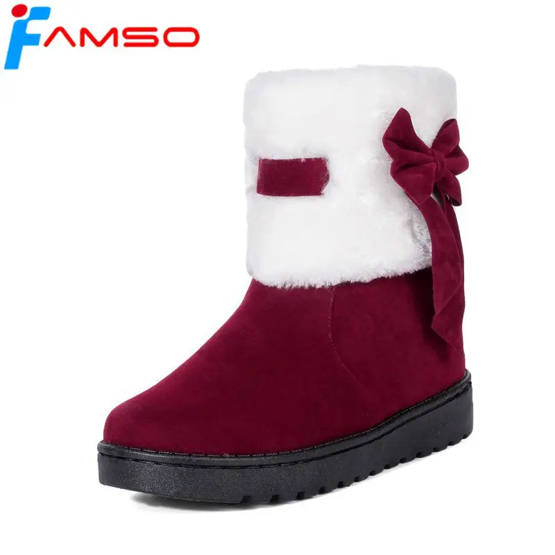 

FAMSO 2018 Shoes Women Boots Mid-Calf Riding Boots black red Short Fur Russia Keep Warm Snow boots Outdoor Shoe SBT3545