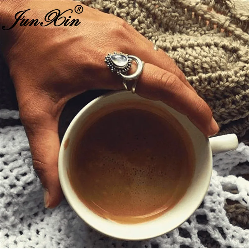 JUNXIN European Style Pear Moonstone Rings For Women Men Antique 925 Silver Filled Boho Teardrop White Opal Ring Female Wedding