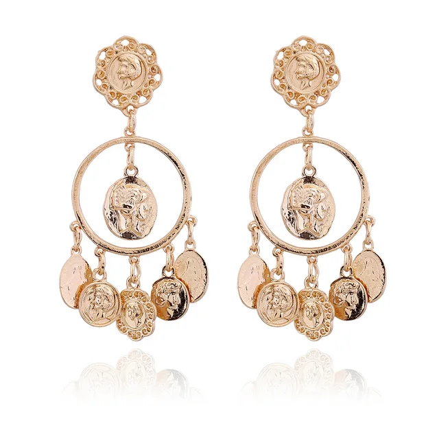 Alloy Gold Color Coins Drop Earring Baroque Portrait Of Relief Alloy Gold Color Coins Drop Earring Baroque Portrait Of Relief Brincos Statement Earrings Penntes Piercing Round