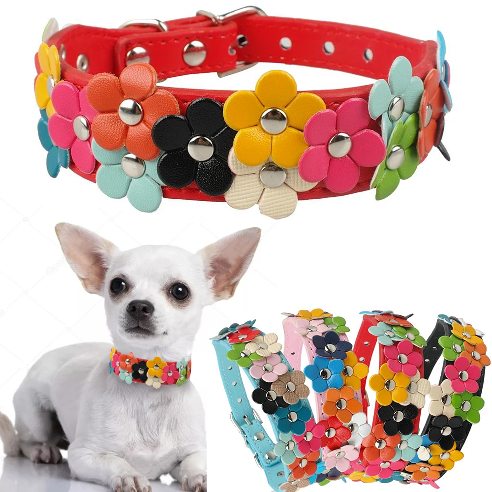 

4 Colors PU Leather Puppy Dog Colorful Flower Decoration Collar Two Row Cat Neck Strap For Pets Necklace Accessories D40