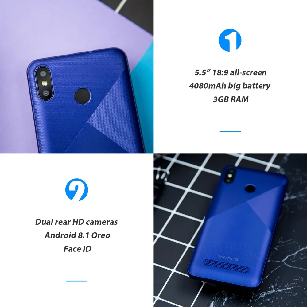 Original Vernee T3 Pro 3GB RAM 16GB ROM Android 8.1 Quad-Core Mobile Phone 5.5 Inch 4080mAh 5MP+13MP Smartphone with Free Gift