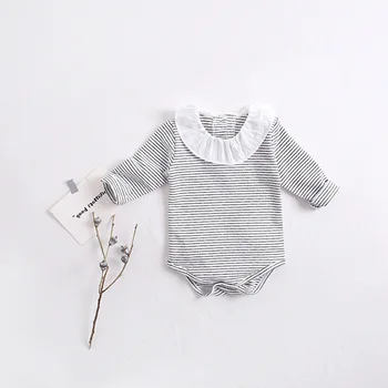 

White pleated collar long sleeve romper baby girls clothes cotton black white stripe infant jumpsuit for girls onesie outfits