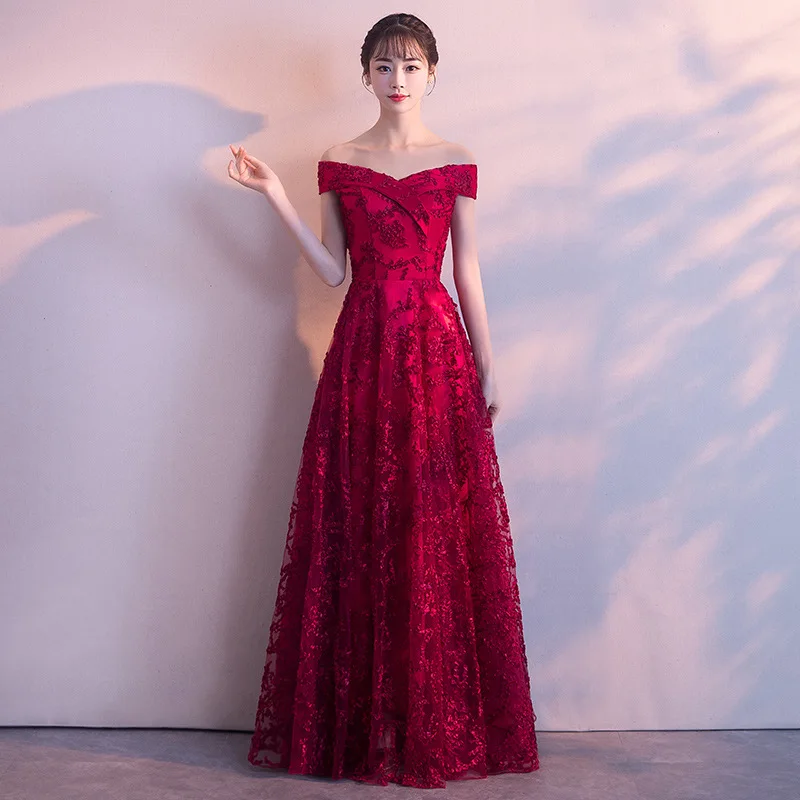 

Sweet Memory Elegant Long Wine Red Evening Dress Lace Red Pink Black Evening Dresses S2W19125