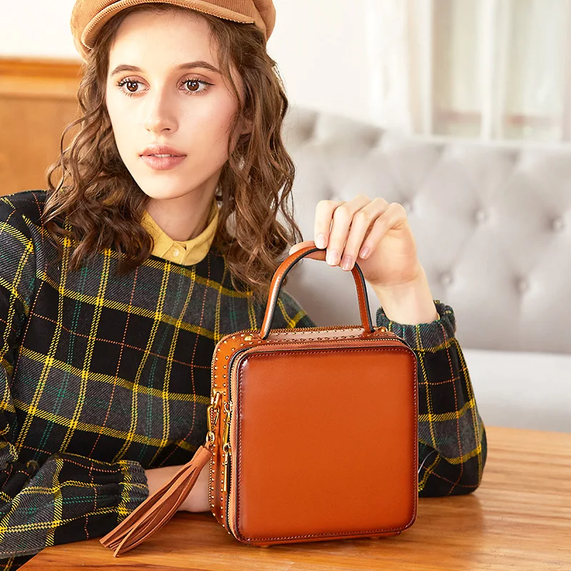 

High-quality leather bags lady willow nail oblique Bag retro trend lady bag oblique small square bag handbag new style 2019