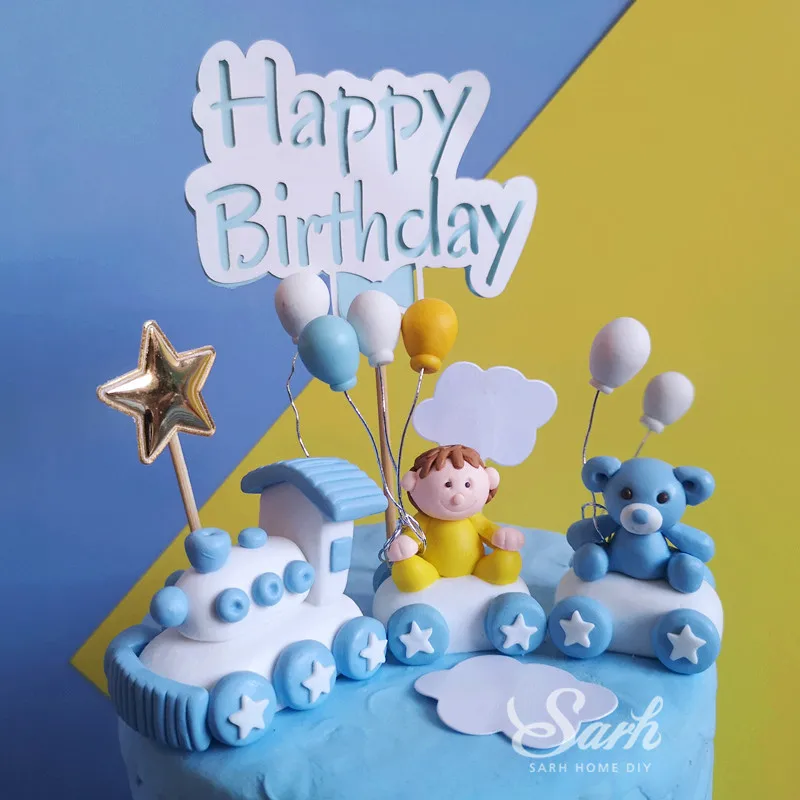 

Lovely Blue Pink White Boy And Girl Little Train Bear Balloon Star Cake Topper for Party Decoration Dessert lovely Gifts