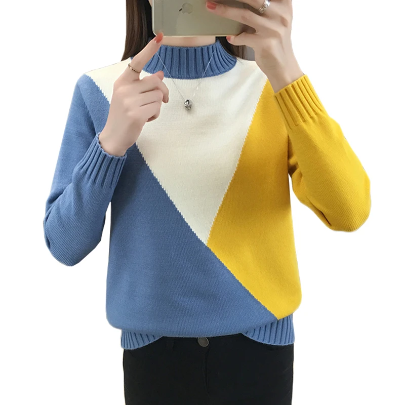 

New Contrast Color Half Turtleneck Sweater Women Jumper 2018 Winter Long Sleeve Knitted Sweater Pullover Pull Female Tops AA491
