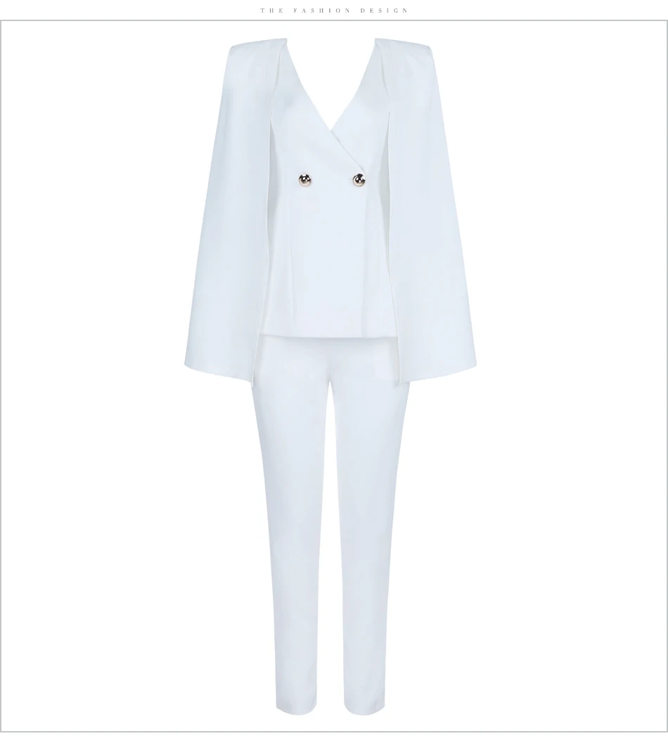 Новые зимние женские вечерние комплект из 2 предметов, белый блейзер с расклешенными рукавами, пальто и длинные штаны для леди, сексуальный черный клубный костюм с v-образным вырезом