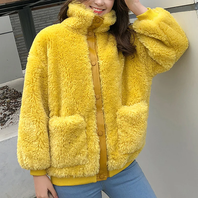 Coat Vestes Poche Rose Pink Hiver Style Manteaux Manteau yellow Fausse Lamb Coat Rue Femmes Survêtement Chaud Peluche Pardessus Chic Filles Corée Fur De Mode Agneau En Fourrure 8SnCOq