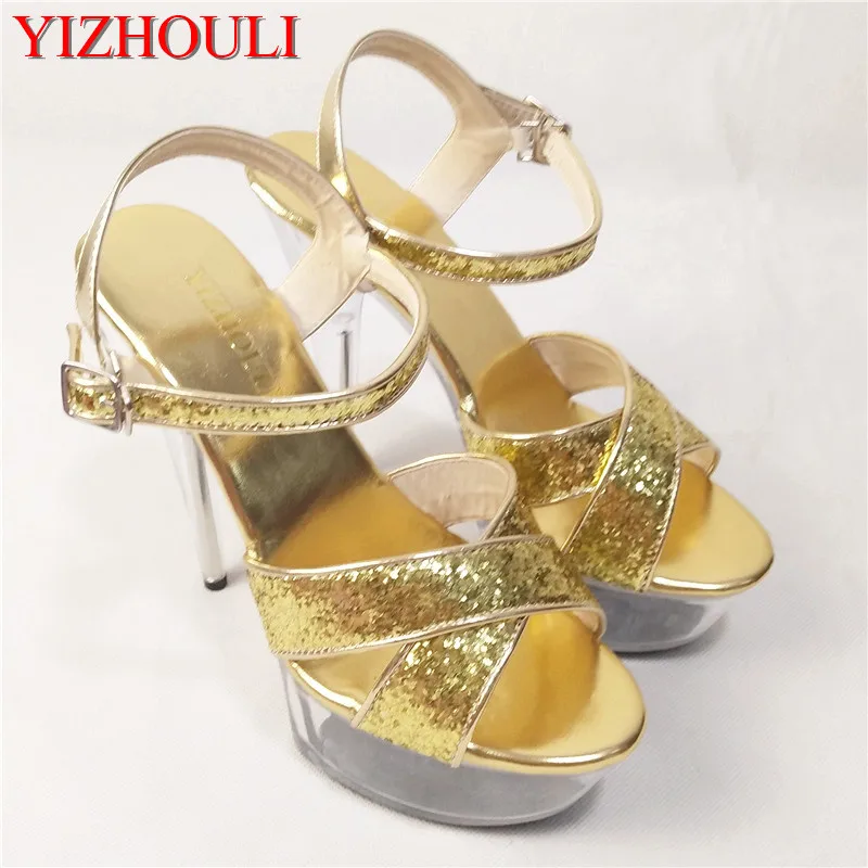 

gold crystal glitter sandals 15cm ultra high heels platform dance shoes small yards Gorgeous 6 inch Crystal shoes