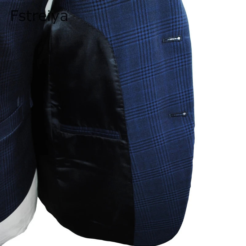 Customized men suit blue plaid groom suits tailored slim fit wedding suit with pants costume homme 3 pieces (jacket+pants+vest)