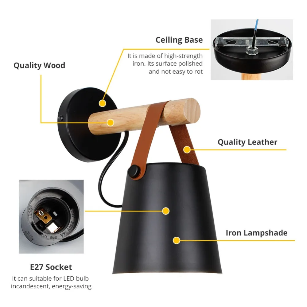  LED Wall Light Wood Wall Lamps Modern Nordic Style Wall Lamps Bed Bedside Light E27 85-265V White & - 32831630721