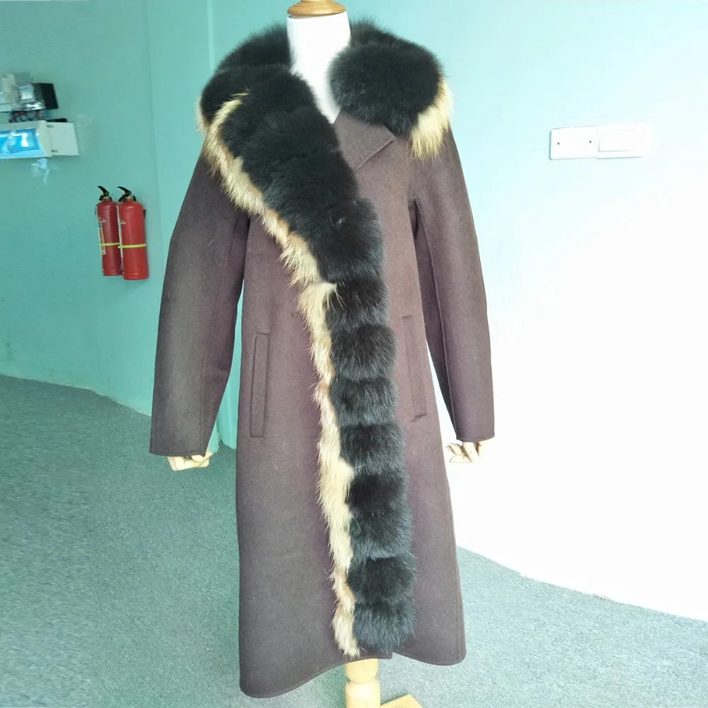 Luxurious Nature Silver Fox Fur Coats Warm Long Real Fur Collar Slim Fashion Woollen Jacket For Female Especially Winter Tops