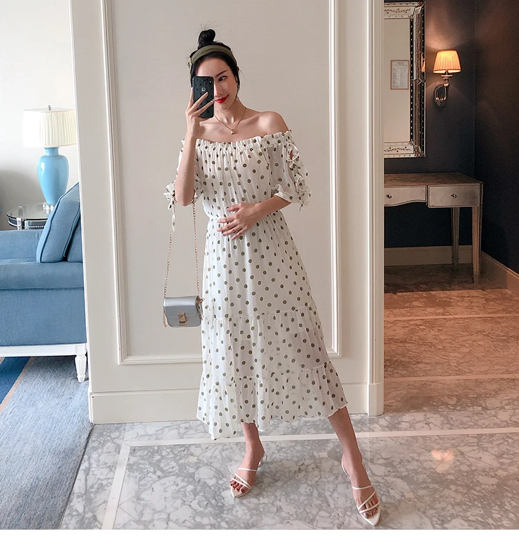 Sweet Dot Printed Chiffon Maternity Long Dress Summer Korean Fashion Clothes for Pregnant Women Pregnancy Drop Shipping