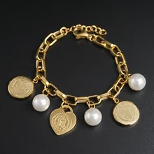 Христианский Девы Марии жемчужный браслет для женщин девочек золотой цвет из нержавеющей стали Сердце Религиозный браслет акриловый браслет