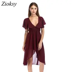 2018 вечерние платье с глубоким v-образным вырезом оборками Фиолетовый шифон Макси летнее платье Для женщин эластичный пояс асимметричный