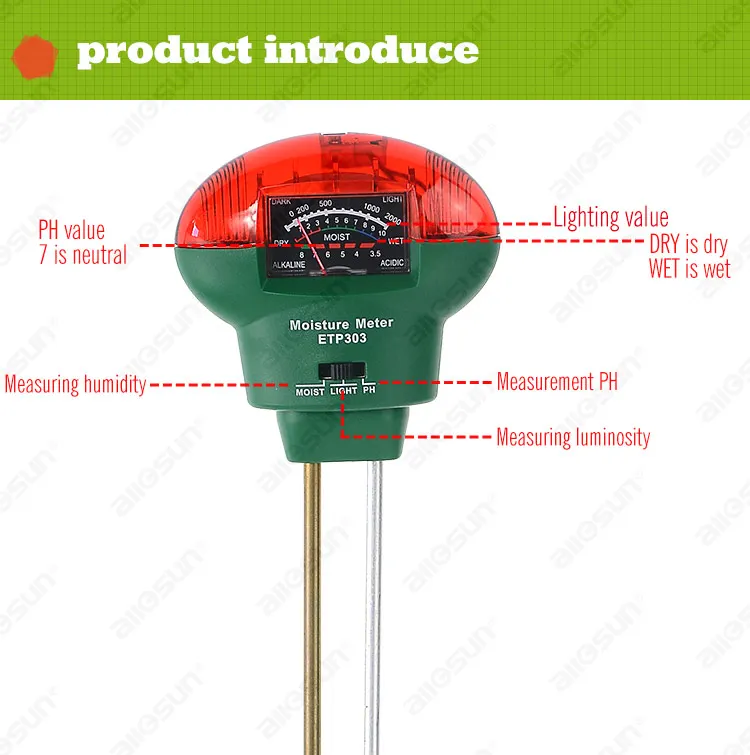Все солнце ETP303 аналоговые 3-в-1 измеритель влажности с светильник почвы PH Тесты Функция сад сельское хозяйство инструмент
