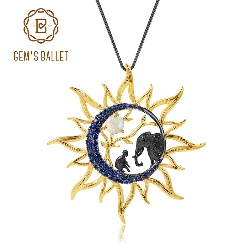 

GEM'S BALLET Celestial Sun Moon Elephant Africa Pendant Natural Opal 925 Sterling Silver Handmade Pendant Necklace For Women