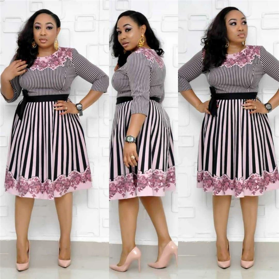 BAIBAZIN New Hot Africa Dress for Women Striped Flower Print Stitching Dress