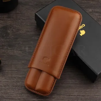 

COHIBA Leather Cigar Travel Case Pocket Cigar Humidor Portable Cigarette Case 2 Cigars Tube Holders Sigaar Case w/ Gift Box