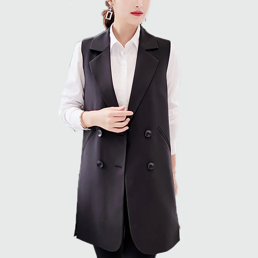 Autumn Office Lady Long Black Sleeveless Vests Jacket