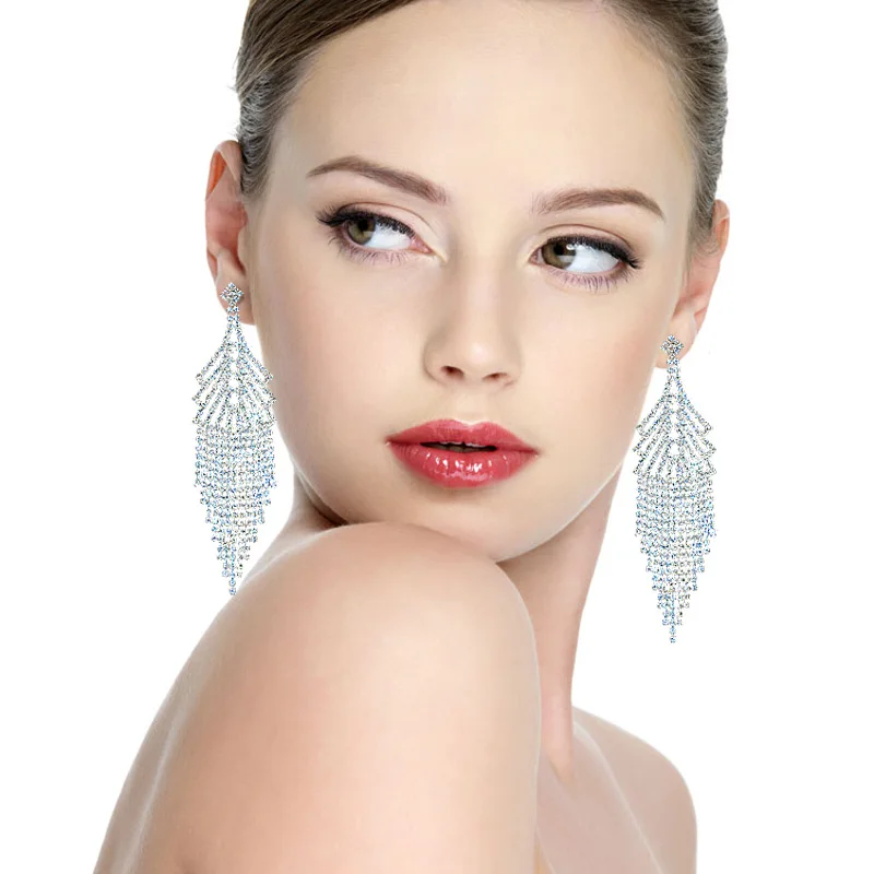 CHRAN Sparkling Wedding Jewelry Rhinestone Dangle Drop Earrings for Women Silver Plated Exaggerated Tassel Long Earrings Crystal