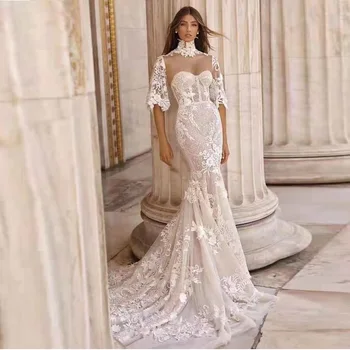 

Women Elegant White Lace Short Sleeve Maxi Dresses New Luxury Celebrity High Neck Mesh Fashion Evening Party Long Vestidos 2019