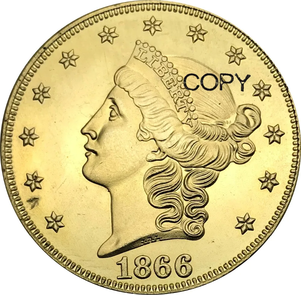 США 20 долларов Liberty Head Double Eagle без девиза TWENTY D. 1866 s латунные металлические копии