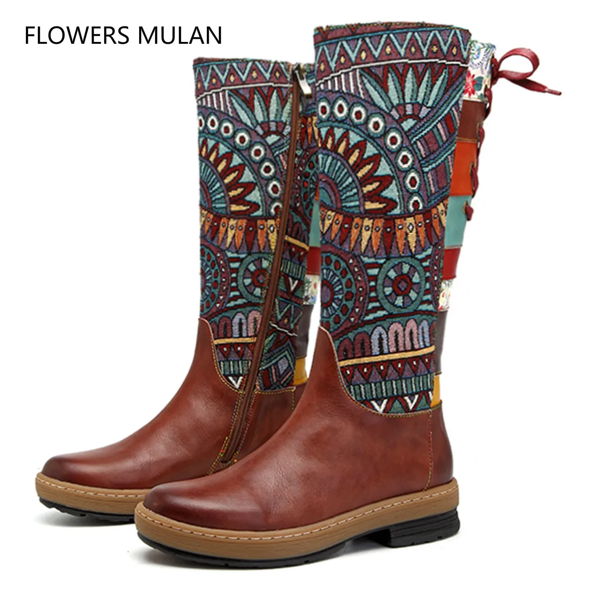

2018 Winter New Women Boots Round Toe Rubber Heel Bohemia Style Colorful Printing Chic Back Cross Tied Butterfly-knot Lady Shoes