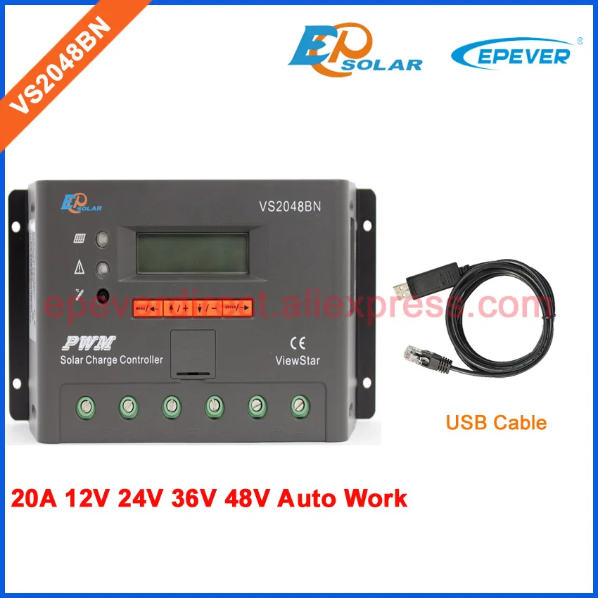 

VS2048BN 12V 24V 36V 48V Auto Work solar charger controller EPEVER regulator LCD display with USB communication cable 20A