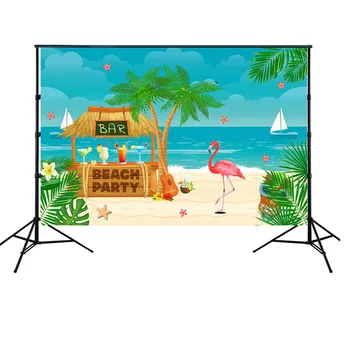 

HUAYI beach party backdrop Tropical Hawaii theme summer beach Flamingo coconut tree photoshoot background bar blue sky W-1967