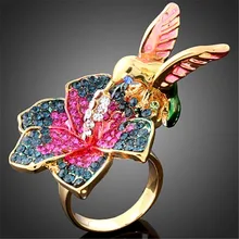 New Punk Colorful Enamel Flowers and Bird Animal Design Gold color Rings for Women J00957