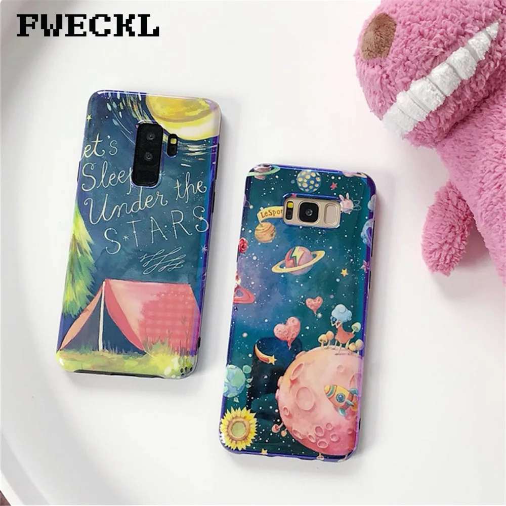 

Cartoon Starry Space Universe Phone Case For Samsung Galaxy Note 8 S7 Edge S8 S9 Plus Blue light Glossy Soft IMD Silicon Cover