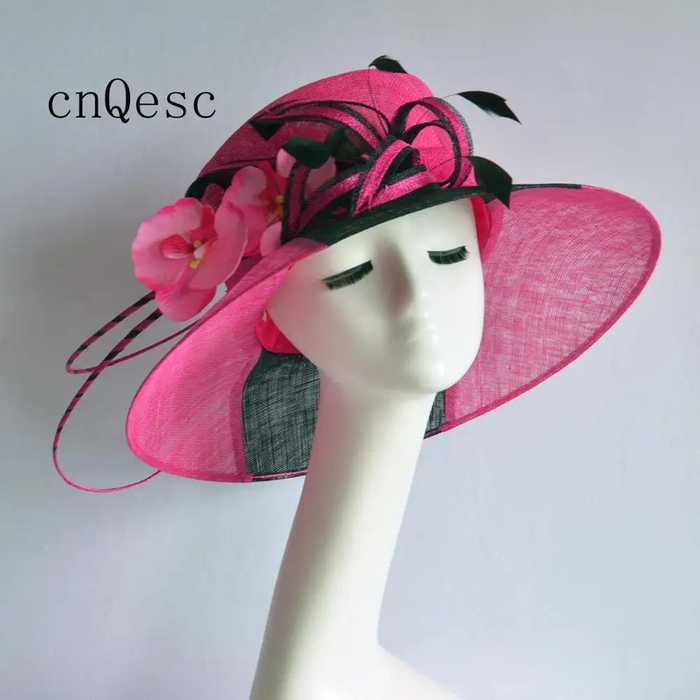 

2019 Hot pink black sinamay hat Dress hat church hat for wedding bridal shower mother of the bride w/feathers&artificial flower