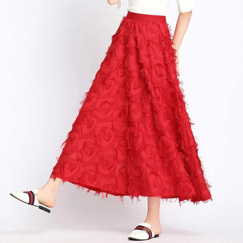TingYiLi юбки с рисунком перьев женские весна лето большие качели Макси юбка черный белый красный длинная юбка элегантная