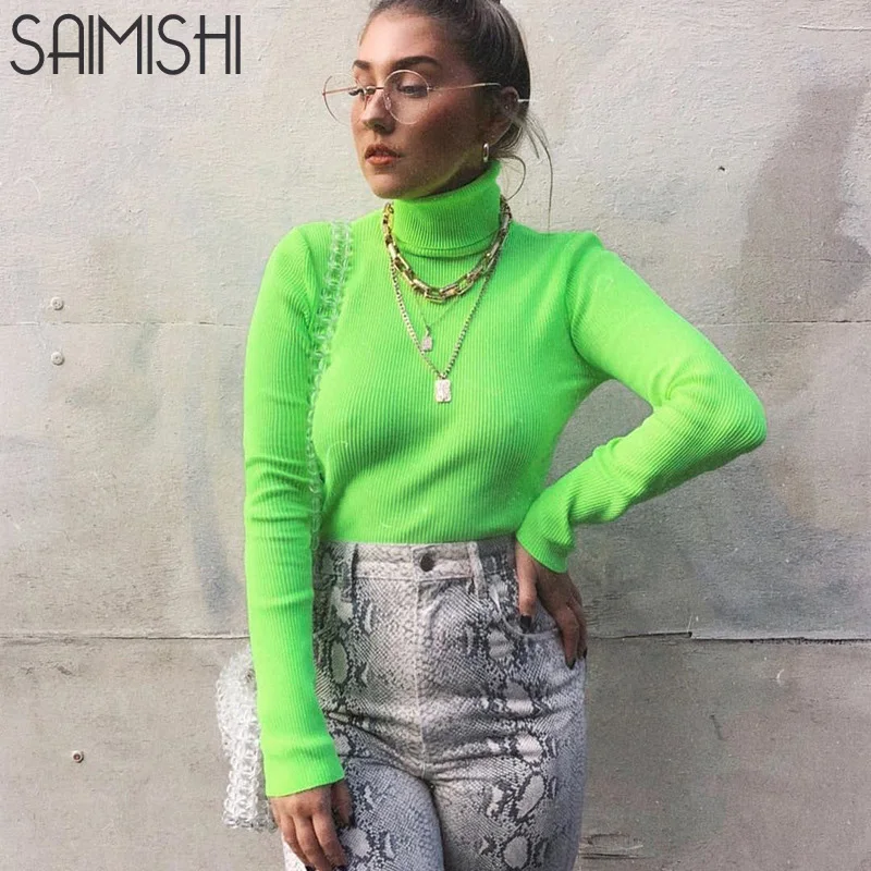 

Saimishi Long Sleeve High Neck Bodycon Fluorescence Solid Tops Spring Autumn Women Fashion Streetwear Casual Sweater