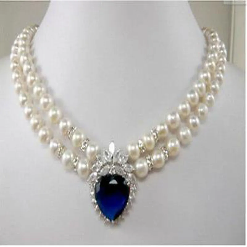 

2019 New Women's 2 row white pearl blue heart crystal Pendant Necklace Fashion Wedding woman's Jewelry " AA2586